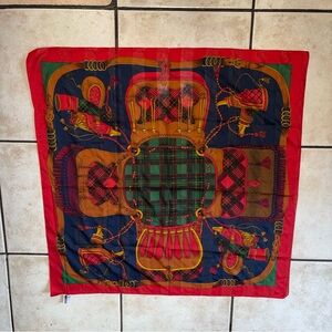 Leslie Fay Vintage Equestrian Scarf 34”x34” Red Plaid Horse Bit Print